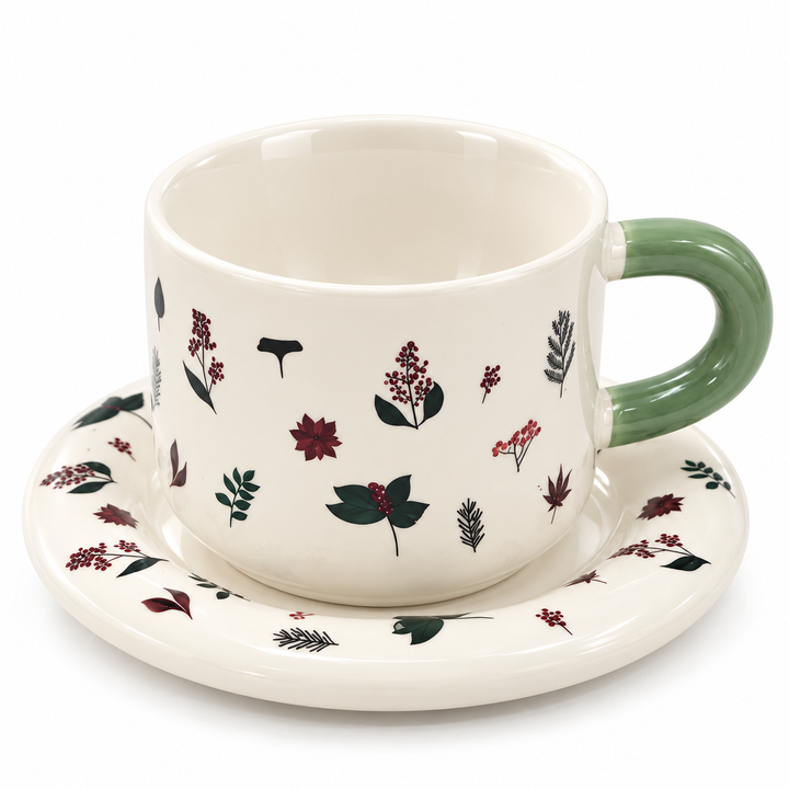 Ceramic Coffee Cup and Saucer Set, Tea Cup with Handle, Elegant White Porcelain Style Cup and Matching Saucer with Botanical Floral Design for Coffee, Tea, Cappuccino and Home Serving