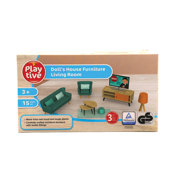 Playtive Doll’s House Furniture Living Room – 15-Piece Miniature Set for Kids Age 3+ with Real Wood & Durable Plastic – Includes Sofa, Armchairs, Coffee Table, TV & Accessories – Safe TÜV Certified Pretend Play Set for Dollhouse Role-Playing Fun