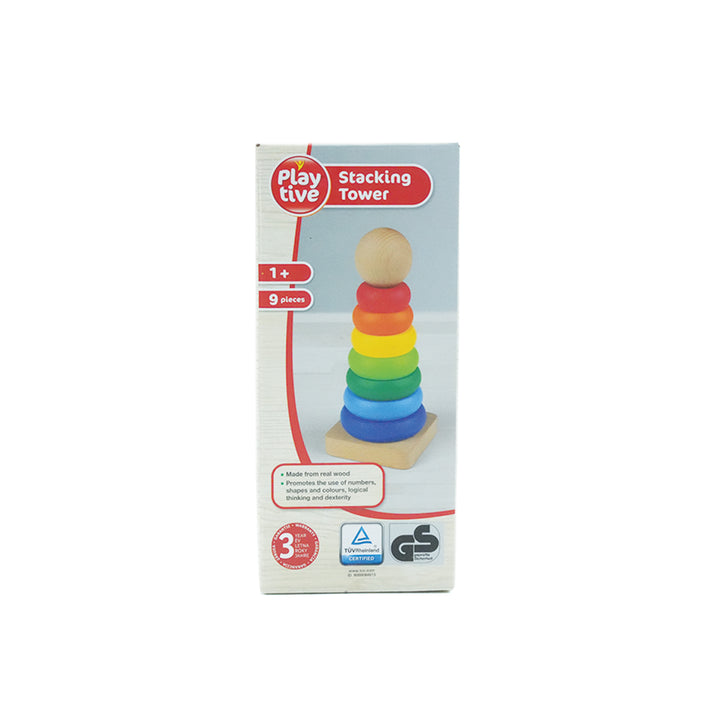Playtive Wooden Stacking Tower for Toddlers – 9 Piece Educational Toy for Ages 1+, Promotes Color Recognition, Dexterity, Logical Thinking, and Counting – Durable, Safe, Natural Wood Construction – TÜV Rheinland Certified – 3-Year Warranty