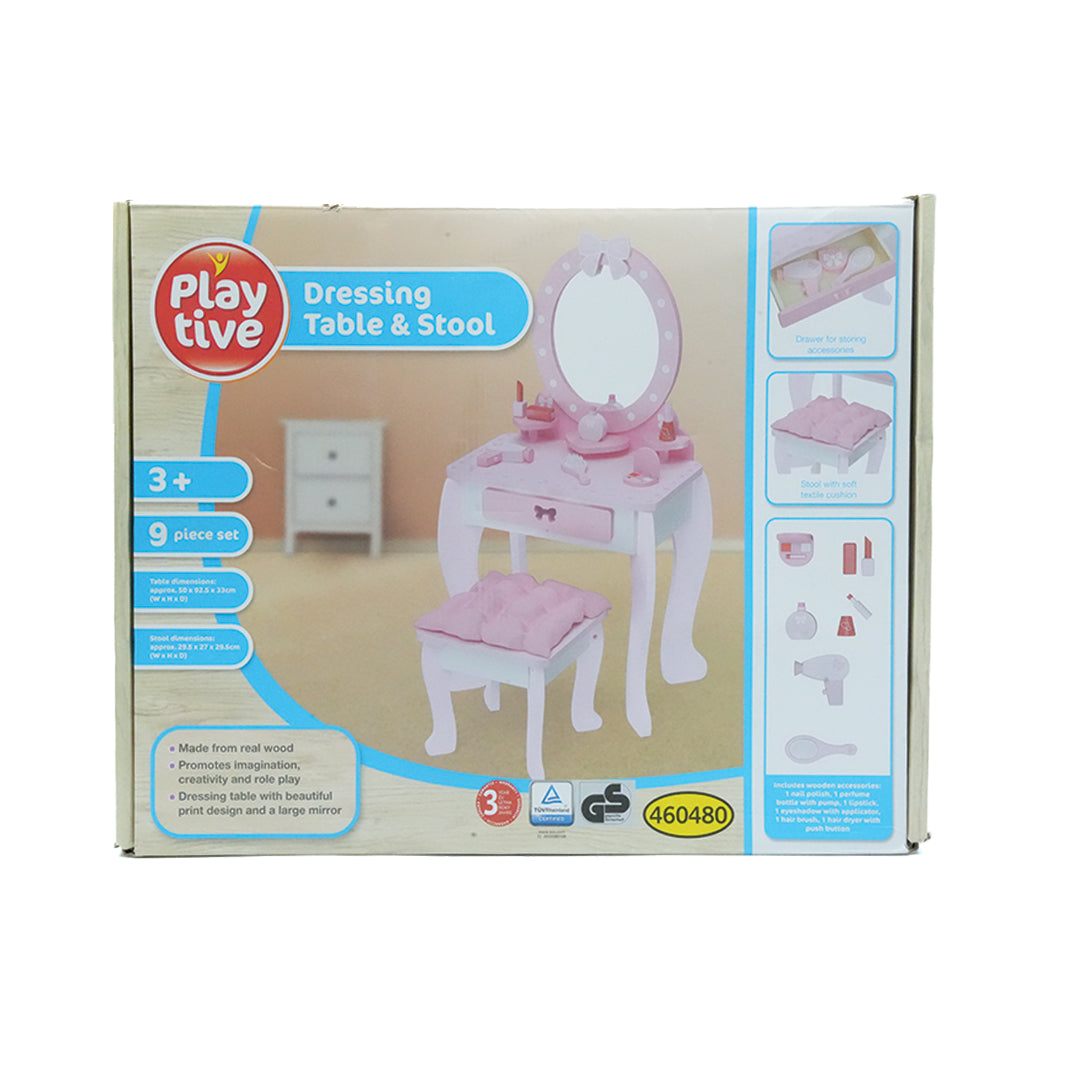 Playtive Wooden Dressing Table & Stool – 9-Piece Pretend Beauty Vanity Set for Kids – Includes Mirror, Drawer, Cushioned Stool & Wooden Accessories – Encourages Imaginative Role Play – Ages 3+ – Sustainable Wood Construction