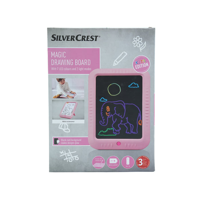 Silver Crest Magic Drawing Board – Kids Edition with 7 LED Colors, 2 Light Modes, Kickstand, 15 Double-Sided Coloring Cards, Battery Powered, Black Background for Glowing Designs, 3-Year Warranty