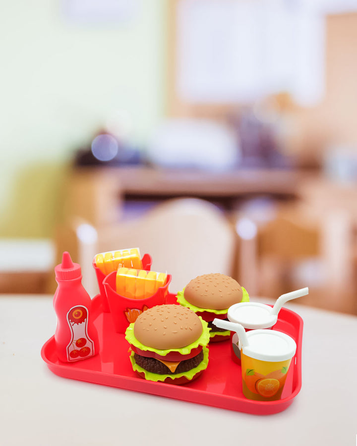 Playtive Burger Play Set – 100% Kid-Safe Pretend Food Toy for Ages 2+, 29pc – Includes Buns, Patty, Lettuce, Cheese, Tomato & Accessories – Encourages Imaginative Role Play, Motor Skills & Social Interaction – Durable Wooden Kitchen Play Food Set