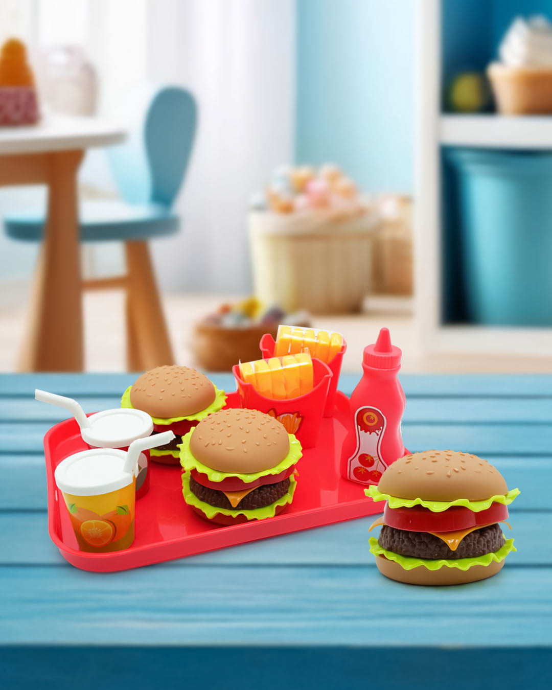 Playtive Burger Play Set – 100% Kid-Safe Pretend Food Toy for Ages 2+, 29pc – Includes Buns, Patty, Lettuce, Cheese, Tomato & Accessories – Encourages Imaginative Role Play, Motor Skills & Social Interaction – Durable Wooden Kitchen Play Food Set