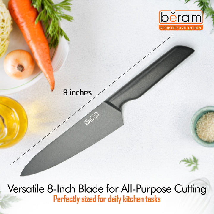 BERAM 8 Inch Chef Knife Titanium Black Coated With Stainless Steel 430 Handle3CR13Stainless Steel Blade Professional Kitchen Knife for Precision Chopping Slicing and Mincing Stylish Durable