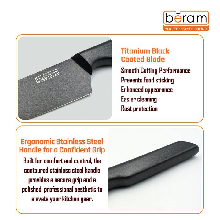 BERAM 8 Inch Chef Knife Titanium Black Coated With Stainless Steel 430 Handle3CR13Stainless Steel Blade Professional Kitchen Knife for Precision Chopping Slicing and Mincing Stylish Durable