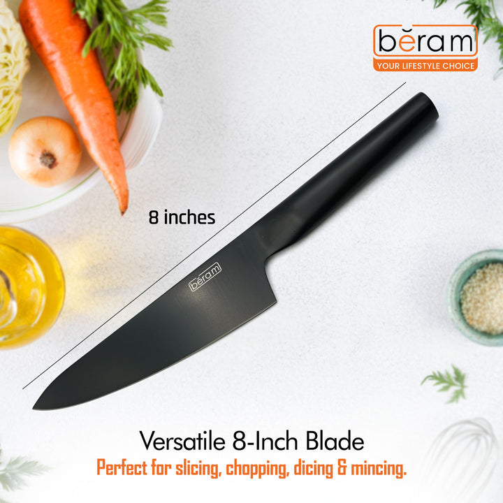 BERAM 8 Inch Chef Knife Black Oxide Coated Stainless Steel 3CR 13 Blade with SS430 Handle and Scratch Resistant Coating for Smooth Cutting Stylish and Durable Kitchen Essential