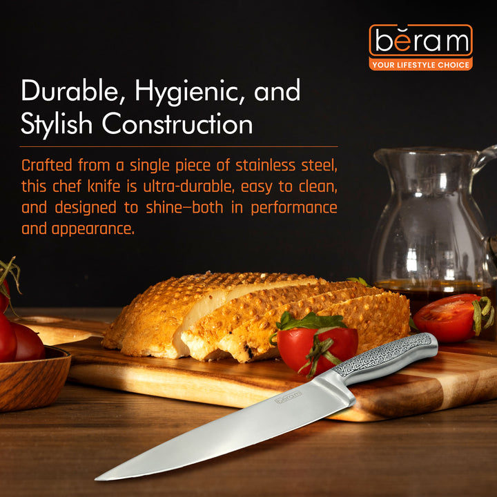 BERAM 8 Inch Proffessional Chef Knife with SS Design Hollow Handle 3CR13 Stainless Steel Blade Ergonomic Durable Sharp Professional Kitchen Knife for Chopping Slicing Mincing