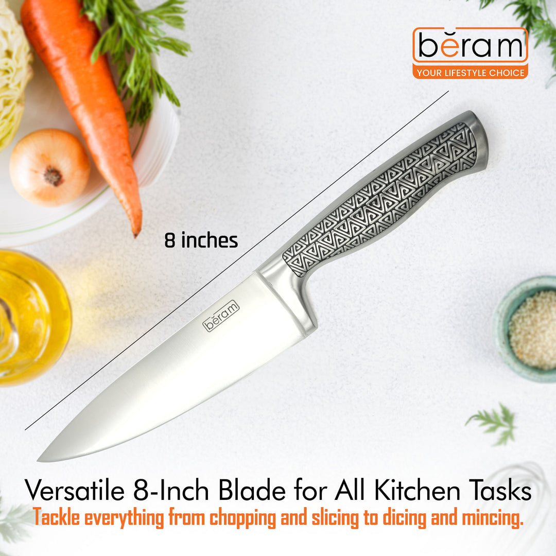 BERAM 8 Inch Proffessional Chef Knife with SS Design Hollow Handle 3CR13 Stainless Steel Blade Ergonomic Durable Sharp Professional Kitchen Knife for Chopping Slicing Mincing