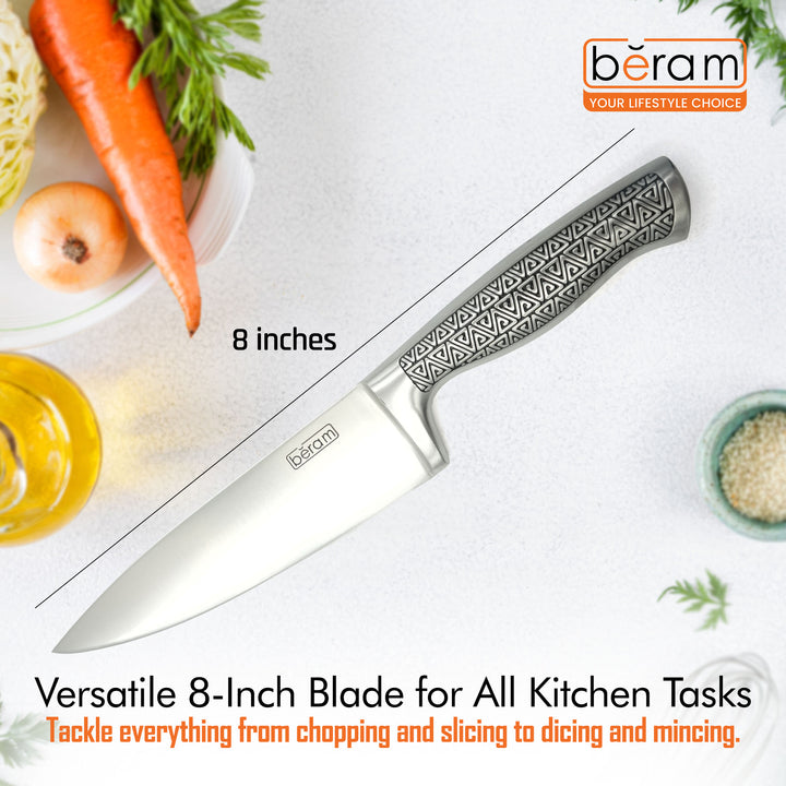 BERAM 8 Inch Proffessional Chef Knife with SS Design Hollow Handle 3CR13 Stainless Steel Blade Ergonomic Durable Sharp Professional Kitchen Knife for Chopping Slicing Mincing