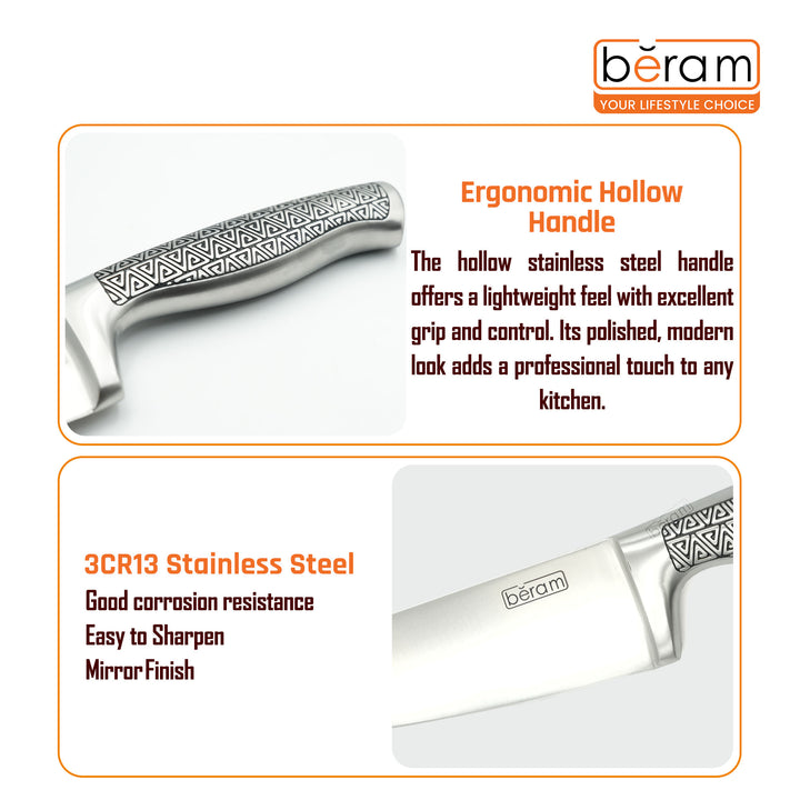 BERAM 8 Inch Proffessional Chef Knife with SS Design Hollow Handle 3CR13 Stainless Steel Blade Ergonomic Durable Sharp Professional Kitchen Knife for Chopping Slicing Mincing