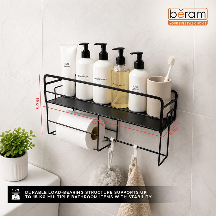BERAM Bathroom Storage Rack Carbon Steel with Tissue Holder  Wall-Mounted Shelf Organizer  Waterproof & Rustproof Space-Saving Modern Rack for Toiletries Kitchen Acessories