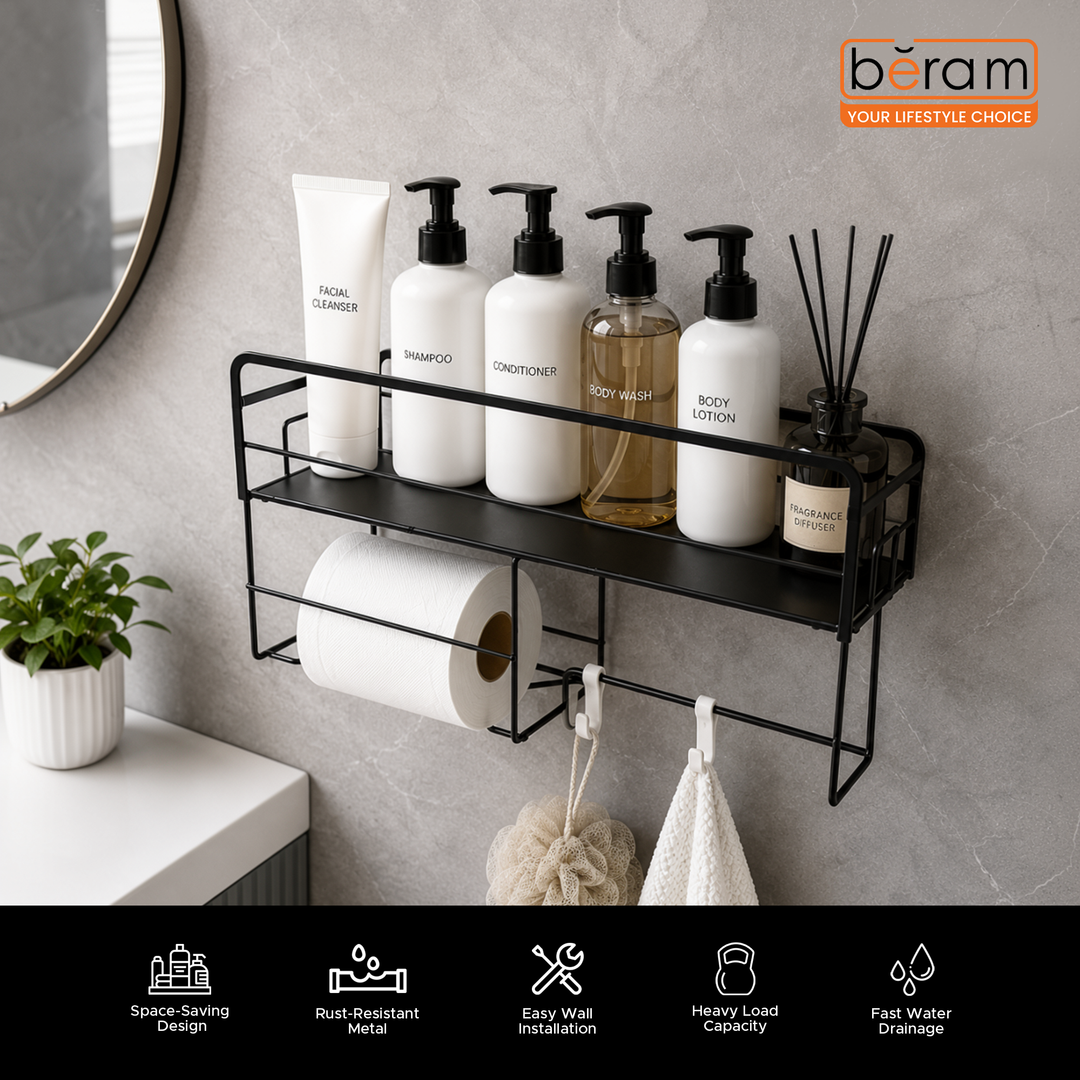 BERAM Bathroom Storage Rack Carbon Steel with Tissue Holder  Wall-Mounted Shelf Organizer  Waterproof & Rustproof Space-Saving Modern Rack for Toiletries Kitchen Acessories
