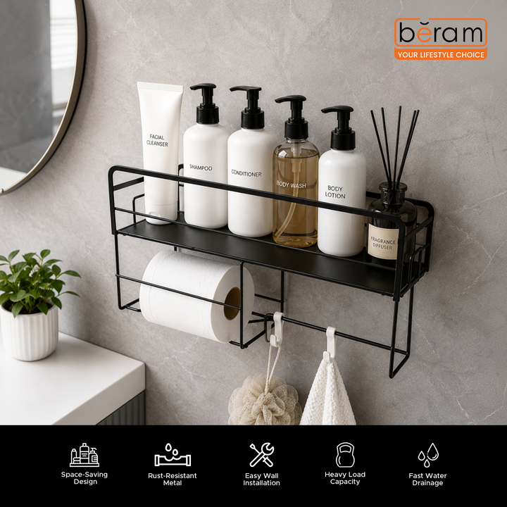 BERAM Bathroom Storage Rack Carbon Steel with Tissue Holder  Wall-Mounted Shelf Organizer  Waterproof & Rustproof Space-Saving Modern Rack for Toiletries Kitchen Acessories