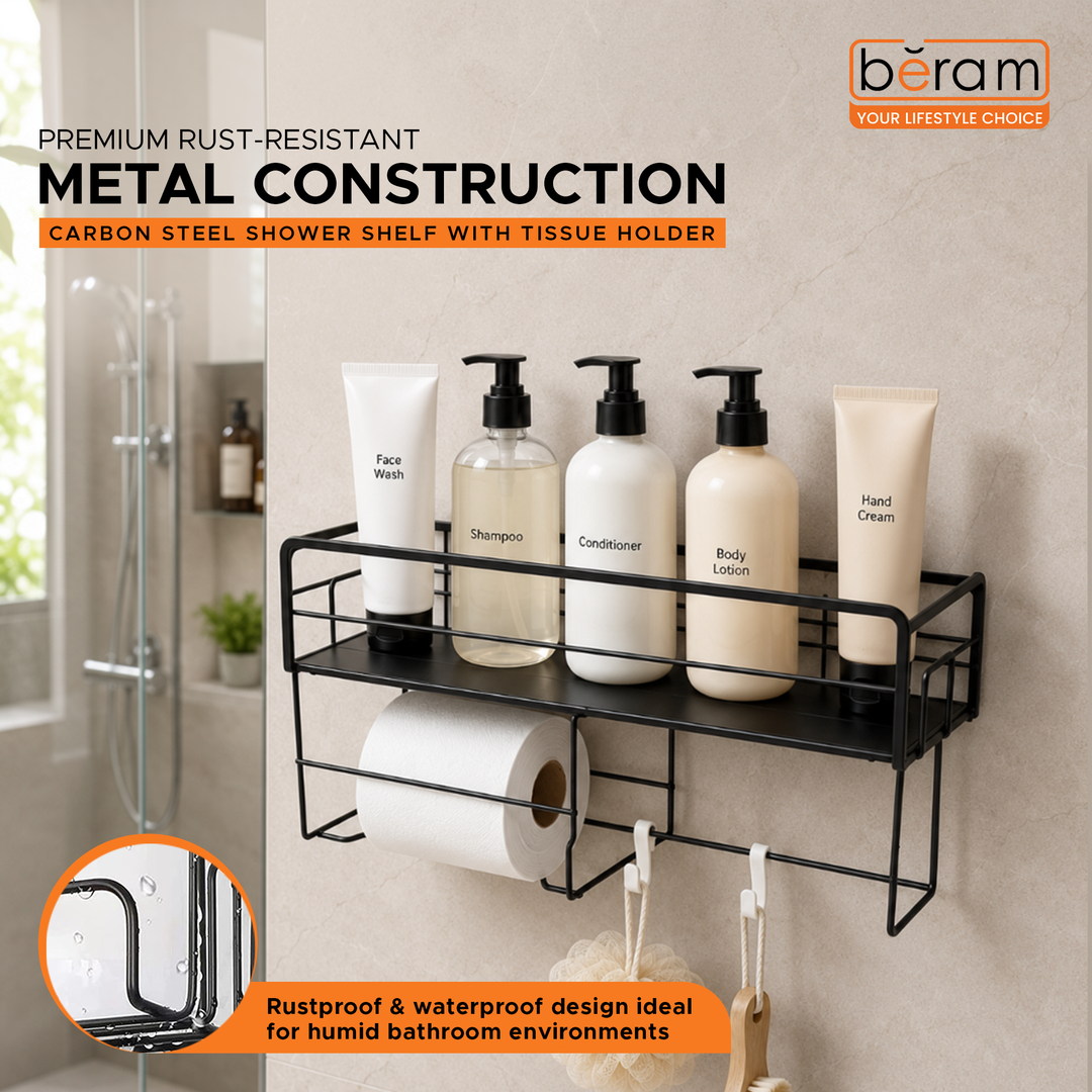 BERAM Bathroom Storage Rack Carbon Steel with Tissue Holder  Wall-Mounted Shelf Organizer  Waterproof & Rustproof Space-Saving Modern Rack for Toiletries Kitchen Acessories