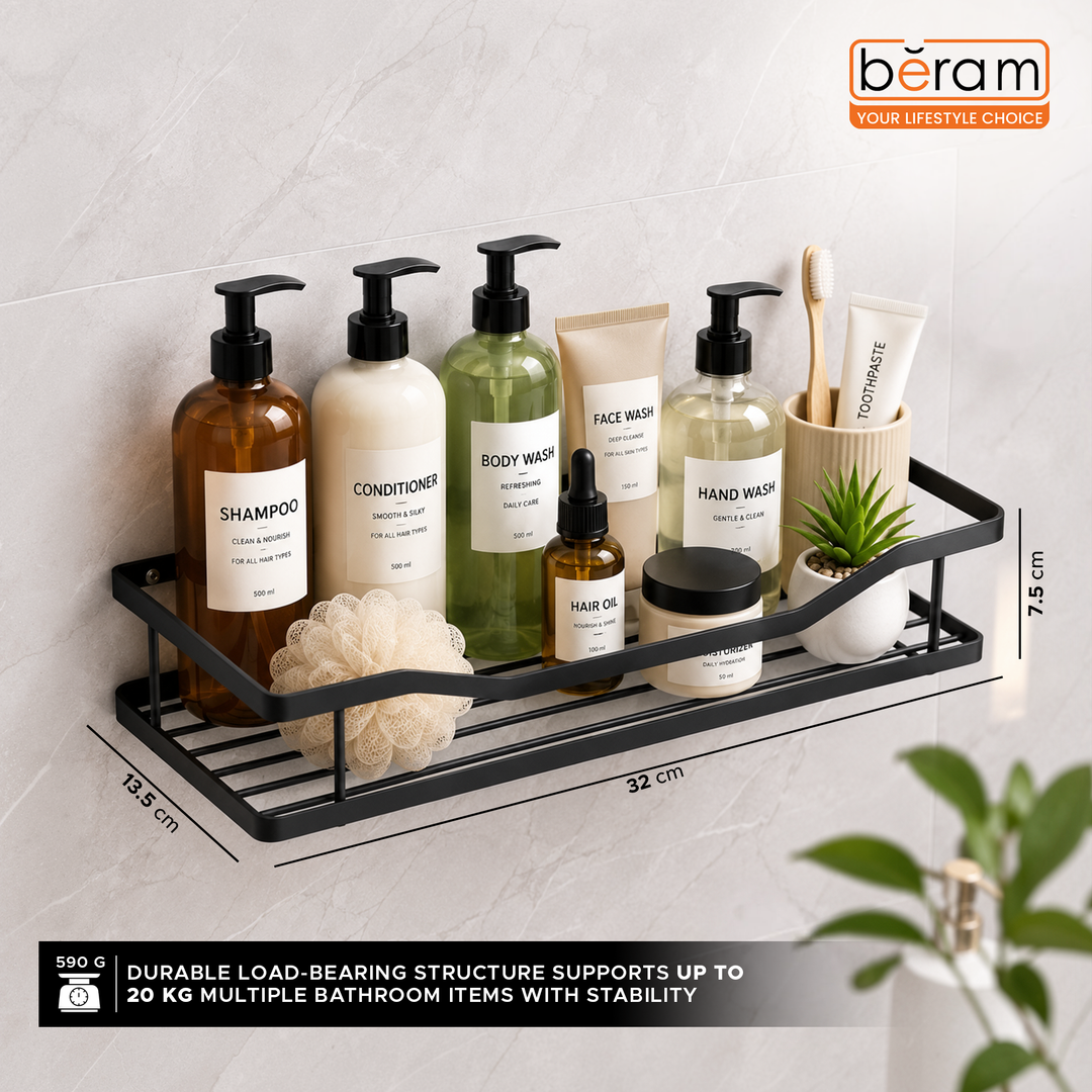 Beram Matte Black Rectangular Bathroom Storage Rack Carbon Steel Hook Hanging Space Saving Bathroom Organizer Rust Resistant Durable WallMounted Caddy for Toiletries Shampoo Soap and Accessories