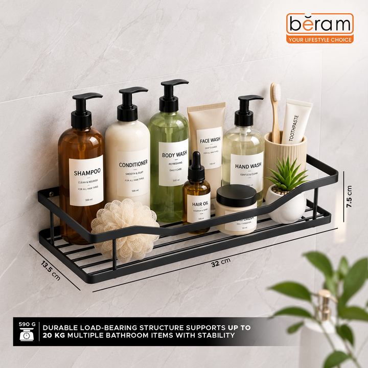 Beram Matte Black Rectangular Bathroom Storage Rack Carbon Steel Hook Hanging Space Saving Bathroom Organizer Rust Resistant Durable WallMounted Caddy for Toiletries Shampoo Soap and Accessories
