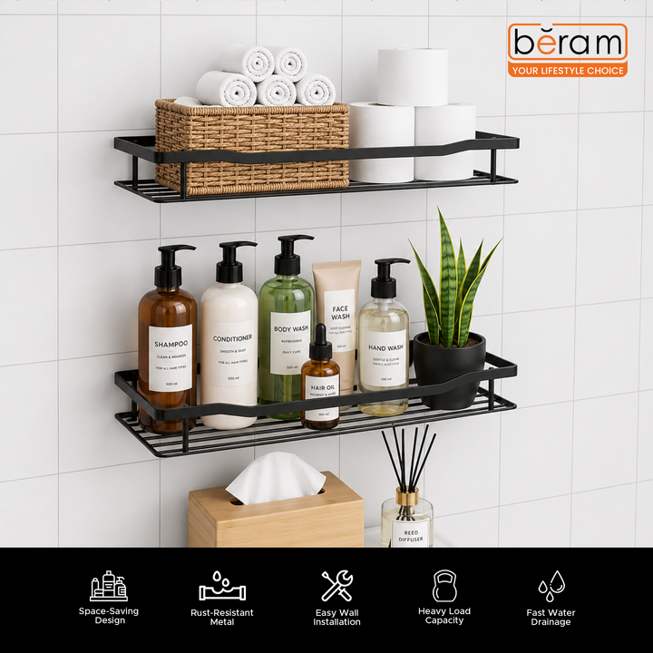 Beram Matte Black Rectangular Bathroom Storage Rack Carbon Steel Hook Hanging Space Saving Bathroom Organizer Rust Resistant Durable WallMounted Caddy for Toiletries Shampoo Soap and Accessories