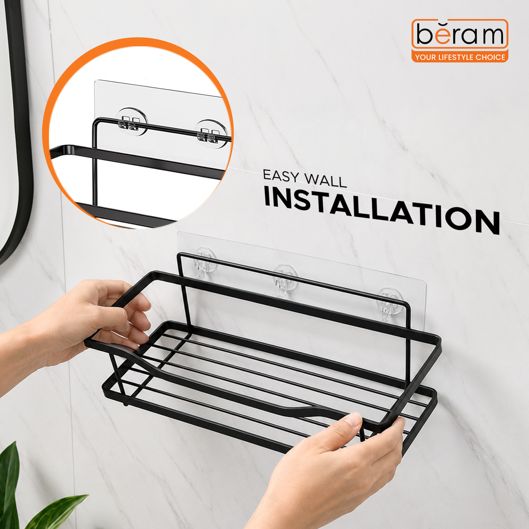 Beram Matte Black Rectangular Bathroom Storage Rack Carbon Steel Hook Hanging Space Saving Bathroom Organizer Rust Resistant Durable WallMounted Caddy for Toiletries Shampoo Soap and Accessories