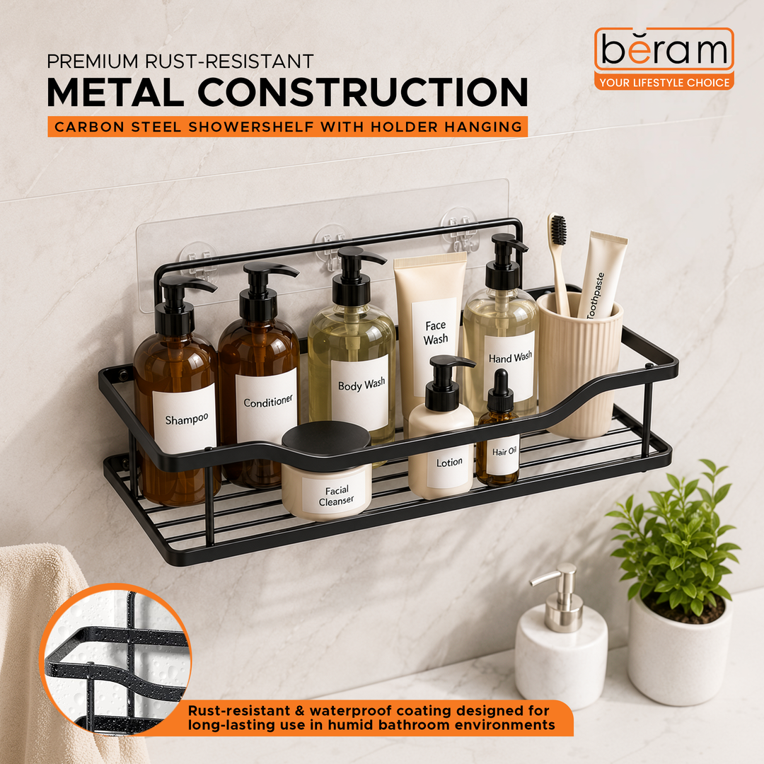 Beram Matte Black Rectangular Bathroom Storage Rack Carbon Steel Hook Hanging Space Saving Bathroom Organizer Rust Resistant Durable WallMounted Caddy for Toiletries Shampoo Soap and Accessories