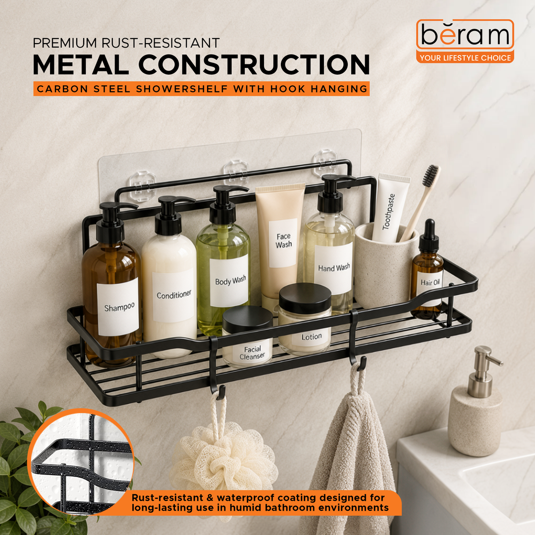 Beram Matte Black Rectangular Bathroom Storage Rack Carbon Steel Hook Hanging Space Saving Bathroom Organizer Rust Resistant Durable WallMounted Caddy for Toiletries Shampoo Soap and Accessories