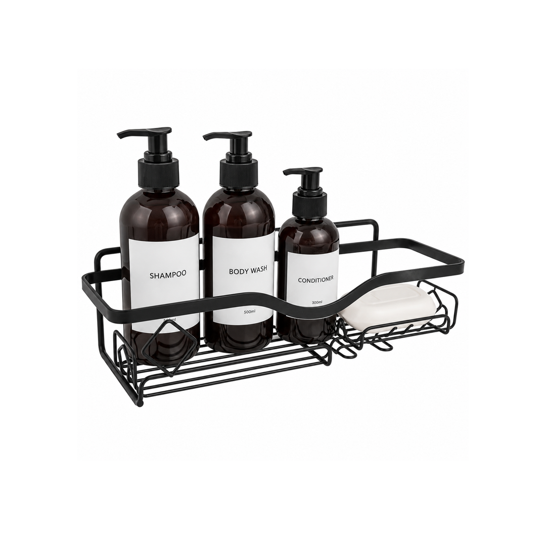 Beram Bathroom Storage Rack with Soap Holder Wall Mounted Shower Shelf Organizer Rustproof Waterproof Heavy Duty Caddy for Toiletries SpaceSaving Modern Black Rack with Drainage Design
