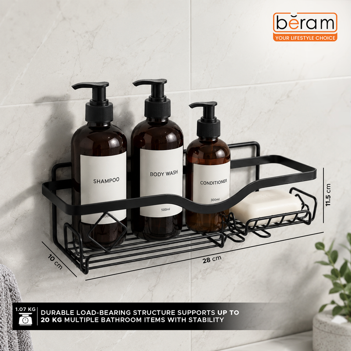 Beram Bathroom Storage Rack with Soap Holder Wall Mounted Shower Shelf Organizer Rustproof Waterproof Heavy Duty Caddy for Toiletries SpaceSaving Modern Black Rack with Drainage Design