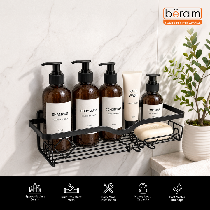 Beram Bathroom Storage Rack with Soap Holder Wall Mounted Shower Shelf Organizer Rustproof Waterproof Heavy Duty Caddy for Toiletries SpaceSaving Modern Black Rack with Drainage Design