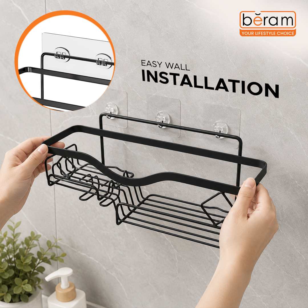 Beram Bathroom Storage Rack with Soap Holder Wall Mounted Shower Shelf Organizer Rustproof Waterproof Heavy Duty Caddy for Toiletries SpaceSaving Modern Black Rack with Drainage Design