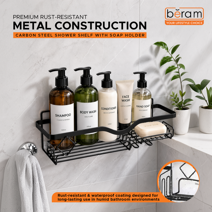 Beram Bathroom Storage Rack with Soap Holder Wall Mounted Shower Shelf Organizer Rustproof Waterproof Heavy Duty Caddy for Toiletries SpaceSaving Modern Black Rack with Drainage Design