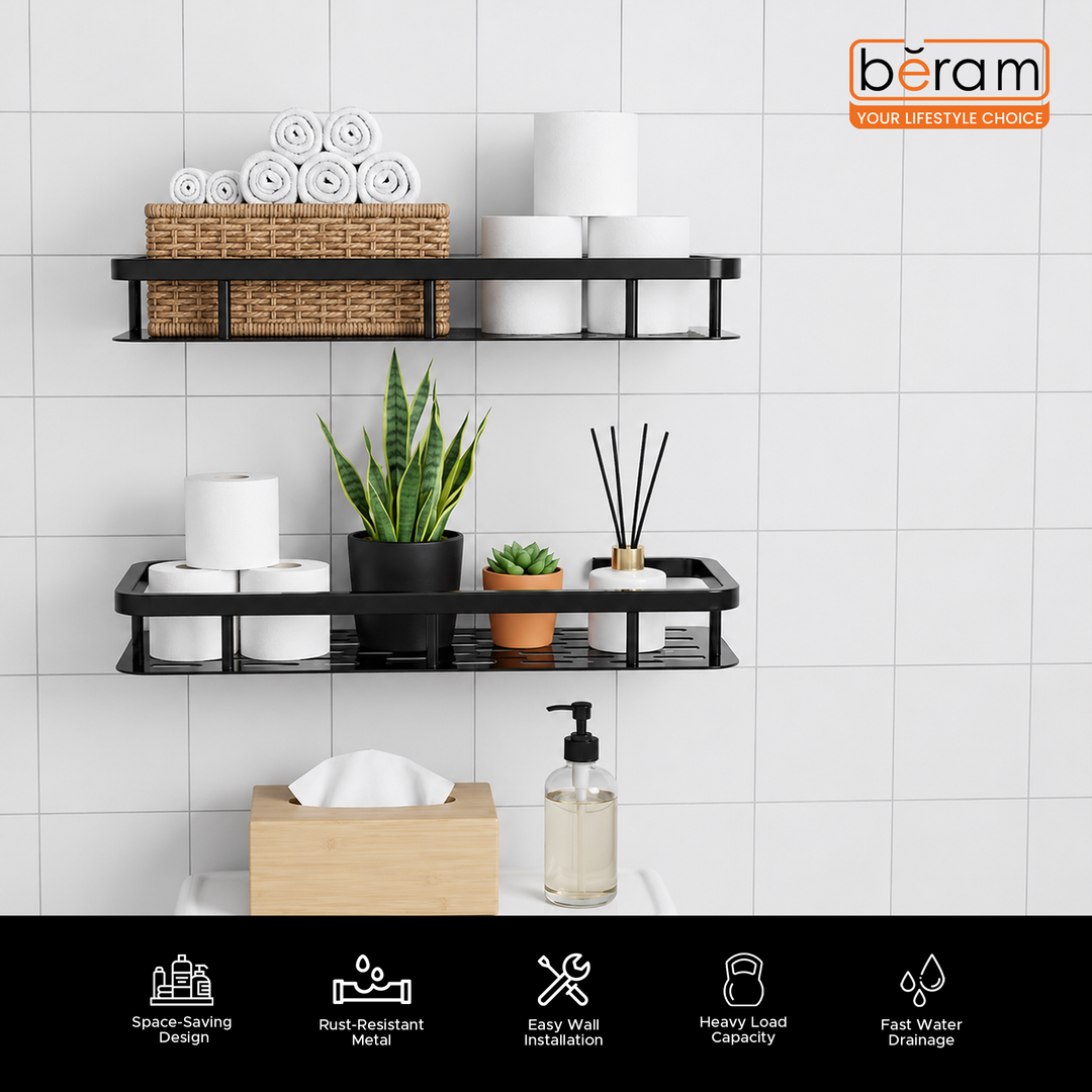 Beram Bathroom Storage Rack Durable Carbon Steel Wall Mounted Organizer Space-Saving Shelf for Bath and Shower Essentials Toiletries Shampoo Soap Accessories Rust Resistant Modern Bathroom Caddy