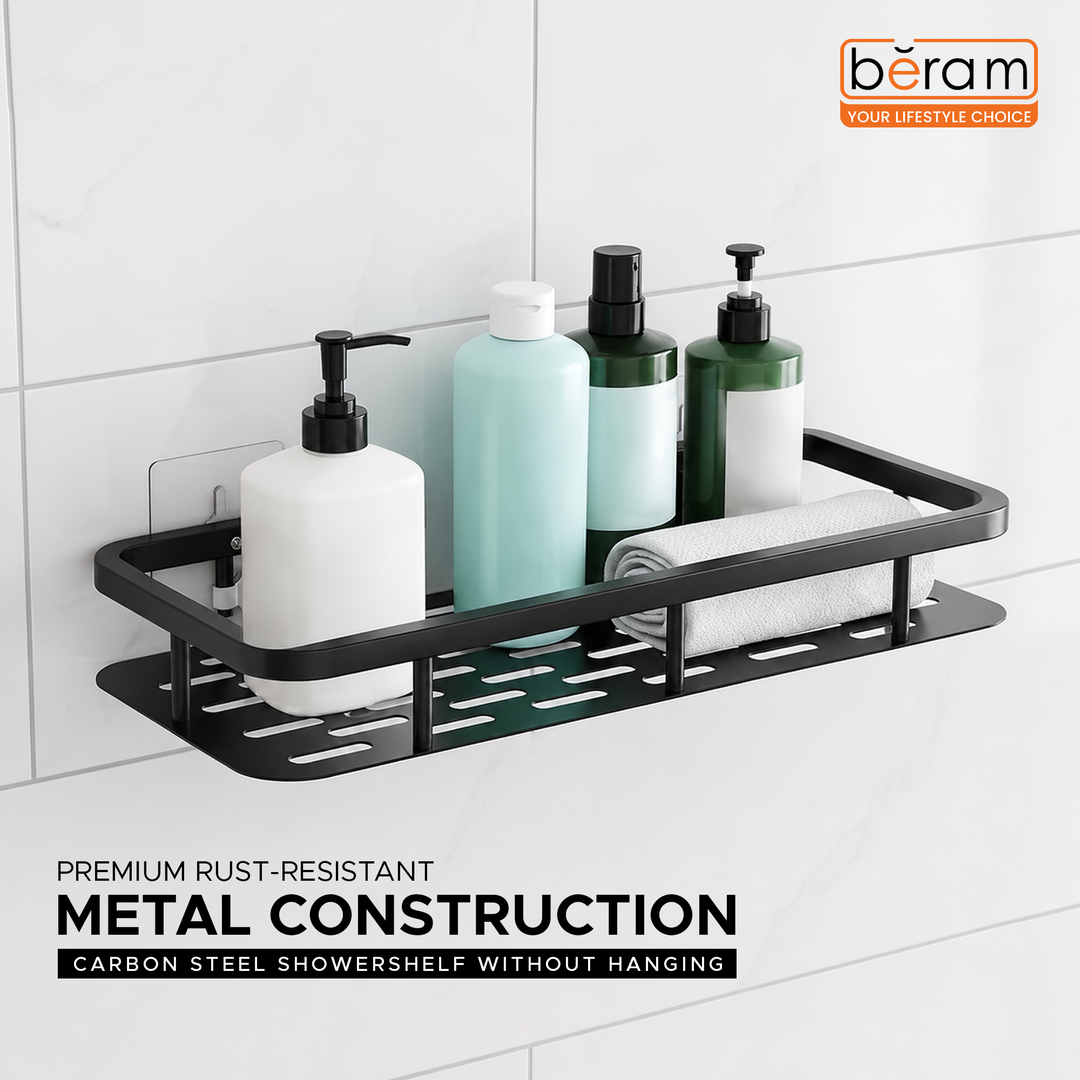 Beram Bathroom Storage Rack Durable Carbon Steel Wall Mounted Organizer Space-Saving Shelf for Bath and Shower Essentials Toiletries Shampoo Soap Accessories Rust Resistant Modern Bathroom Caddy