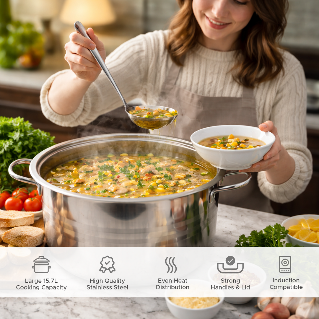 Haus Roland 32cm Stainless Steel Stock Pot with Lid 15.7L Large Cooking Pot Induction Compatible Deep Casserole Pot Heavy Duty Soup Stew Boiling Pot