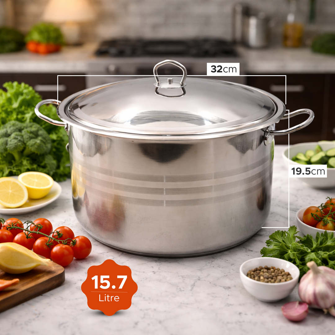 Haus Roland 32cm Stainless Steel Stock Pot with Lid 15.7L Large Cooking Pot Induction Compatible Deep Casserole Pot Heavy Duty Soup Stew Boiling Pot
