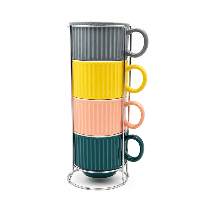 Ceramic Cup & Holder Set 4 Pieces Heat Resistant Coffee Tea Mug Set with Metal Stand Dishwasher Safe Modern Kitchen Cups for Home Office Café Use