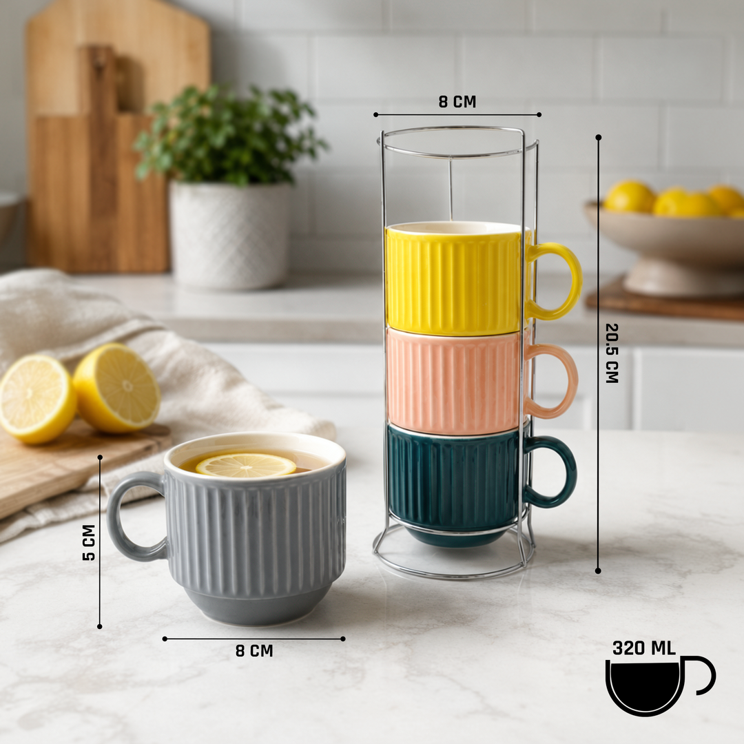 Ceramic Cup & Holder Set 4 Pieces Heat Resistant Coffee Tea Mug Set with Metal Stand Dishwasher Safe Modern Kitchen Cups for Home Office Café Use