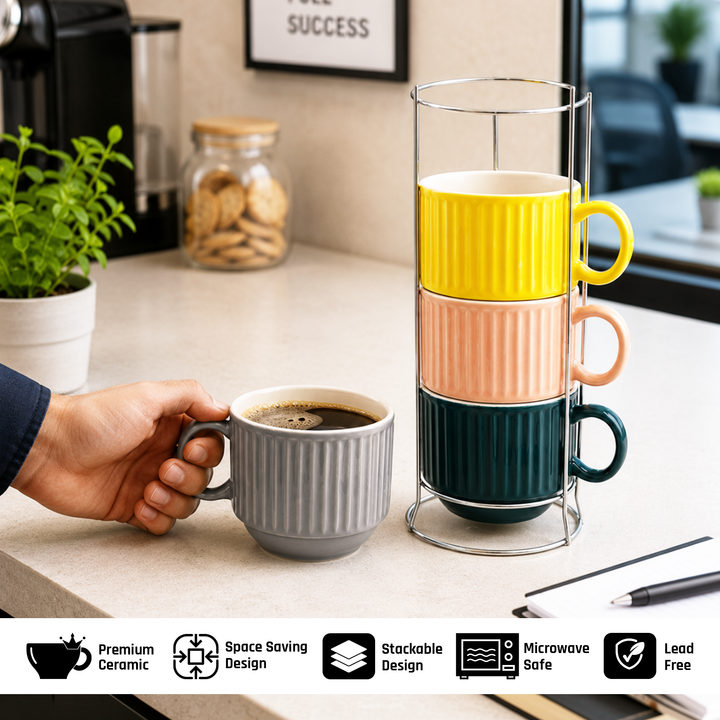 Ceramic Cup & Holder Set 4 Pieces Heat Resistant Coffee Tea Mug Set with Metal Stand Dishwasher Safe Modern Kitchen Cups for Home Office Café Use