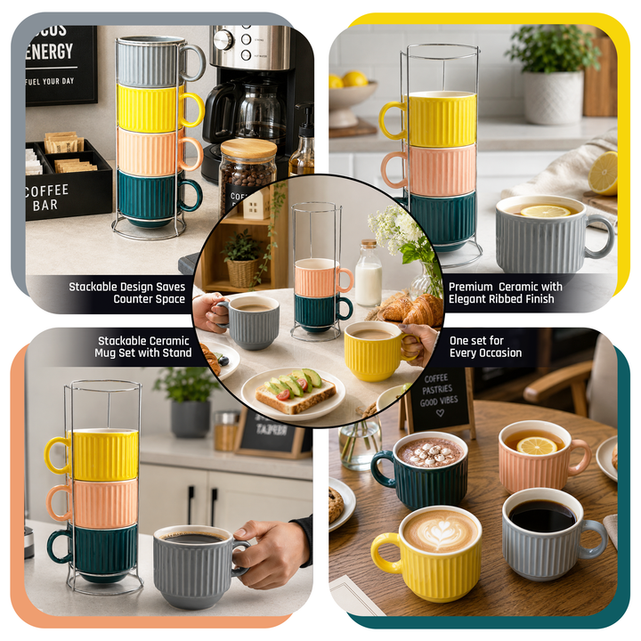 Ceramic Cup & Holder Set 4 Pieces Heat Resistant Coffee Tea Mug Set with Metal Stand Dishwasher Safe Modern Kitchen Cups for Home Office Café Use