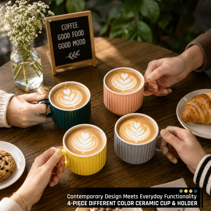 Ceramic Cup & Holder Set 4 Pieces Heat Resistant Coffee Tea Mug Set with Metal Stand Dishwasher Safe Modern Kitchen Cups for Home Office Café Use
