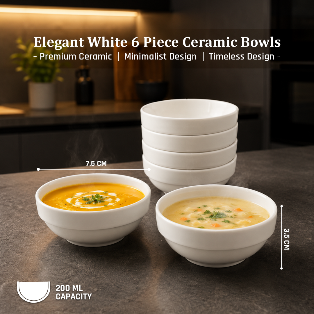 Ceramic Mini Bowl Set 6 Pieces White Microwave & Dishwasher Safe Heat Resistant Ceramic Bowls for Soup Snacks Desserts Dips Ice Cream Serving and Everyday Kitchen Use