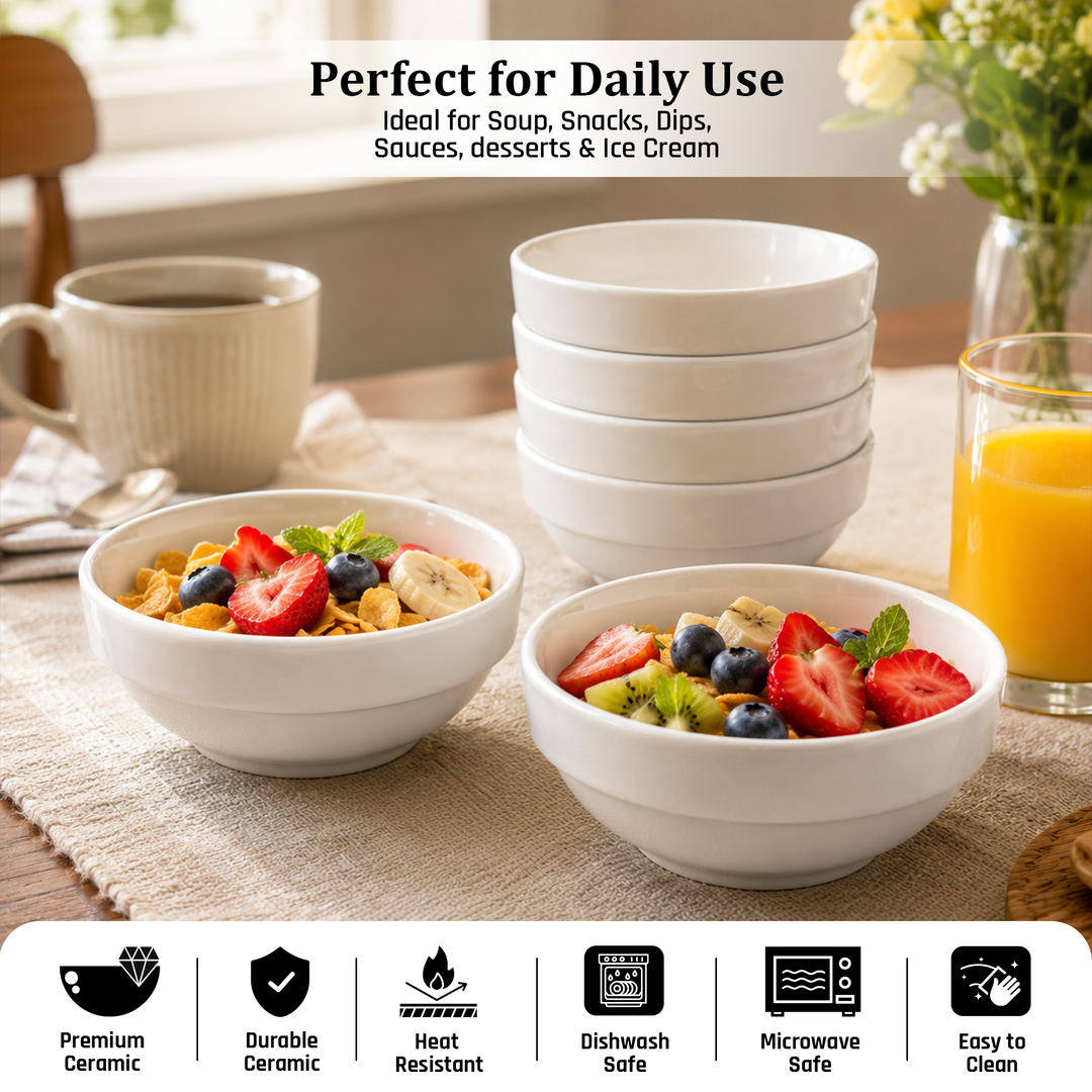 Ceramic Mini Bowl Set 6 Pieces White Microwave & Dishwasher Safe Heat Resistant Ceramic Bowls for Soup Snacks Desserts Dips Ice Cream Serving and Everyday Kitchen Use