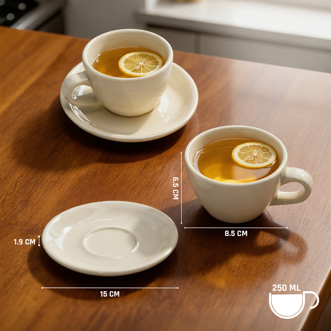 ACME 250ml Ceramic Cup & Saucer Set Classic White Coffee & Teacup with Matching Saucer Glossy Ceramic Espresso Cappuccino Mug Microwave & Dishwasher Safe for Home & Office