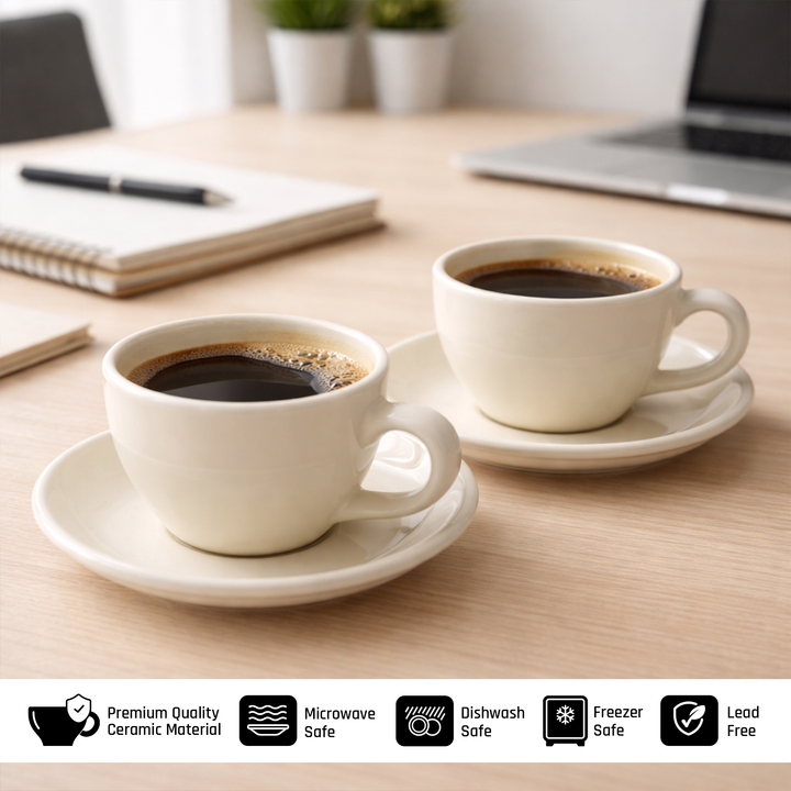 ACME 250ml Ceramic Cup & Saucer Set Classic White Coffee & Teacup with Matching Saucer Glossy Ceramic Espresso Cappuccino Mug Microwave & Dishwasher Safe for Home & Office