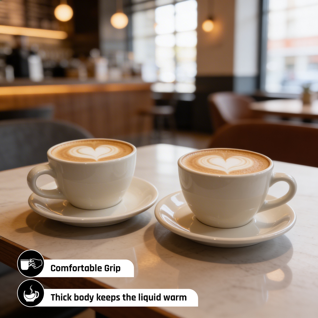 ACME 250ml Ceramic Cup & Saucer Set Classic White Coffee & Teacup with Matching Saucer Glossy Ceramic Espresso Cappuccino Mug Microwave & Dishwasher Safe for Home & Office