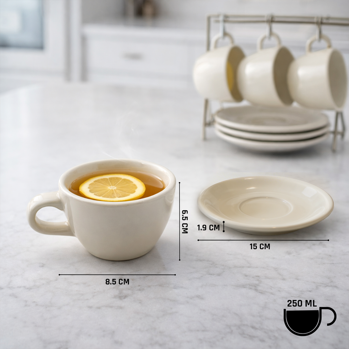 ACME 250ml Ceramic Cup & Saucer Set Classic White Coffee & Teacup with Matching Saucer Glossy Ceramic Espresso Cappuccino Mug Microwave & Dishwasher Safe for Home & Office