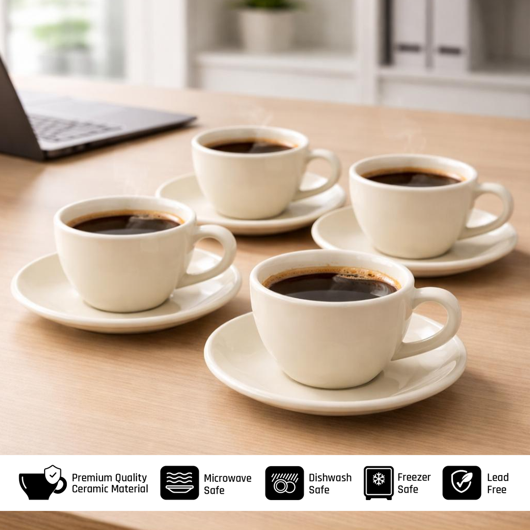 ACME 250ml Ceramic Cup & Saucer Set Classic White Coffee & Teacup with Matching Saucer Glossy Ceramic Espresso Cappuccino Mug Microwave & Dishwasher Safe for Home & Office