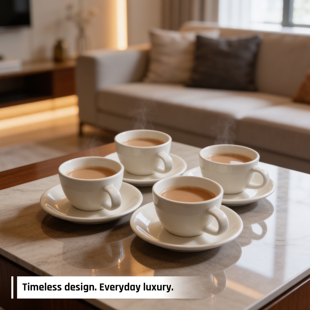 ACME 250ml Ceramic Cup & Saucer Set Classic White Coffee & Teacup with Matching Saucer Glossy Ceramic Espresso Cappuccino Mug Microwave & Dishwasher Safe for Home & Office