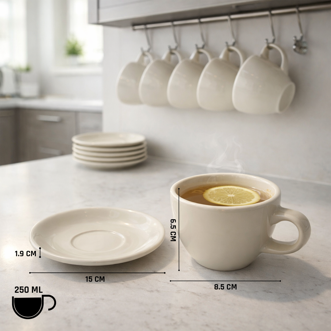 ACME 250ml Ceramic Cup & Saucer Set Classic White Coffee & Teacup with Matching Saucer Glossy Ceramic Espresso Cappuccino Mug Microwave & Dishwasher Safe for Home & Office
