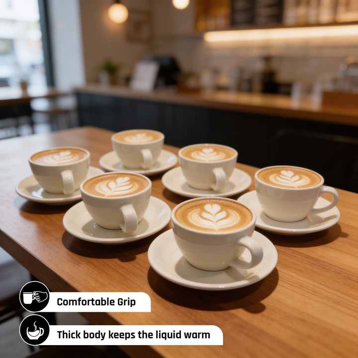 ACME 250ml Ceramic Cup & Saucer Set Classic White Coffee & Teacup with Matching Saucer Glossy Ceramic Espresso Cappuccino Mug Microwave & Dishwasher Safe for Home & Office