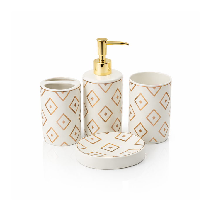 BERAM Diamond White 4PC Ceramic Bathroom Accessory Set Luxury Washroom Collection with Gold Pattern Soap Dispenser Pump Toothbrush Holder with 2 Slots, Tumbler Cup & Matching Soap Dish for Modern Home & Hotel Bathroom Decor