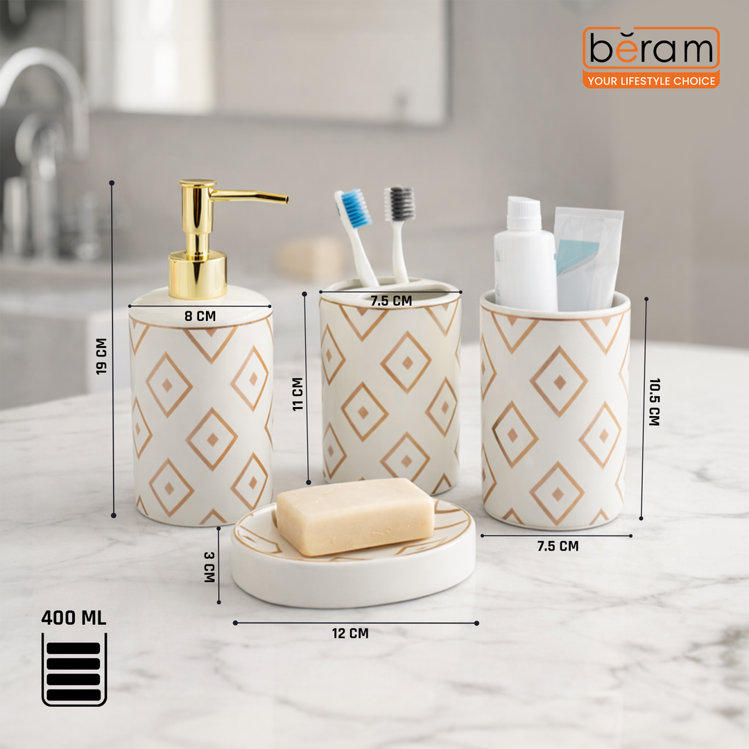 BERAM Diamond White 4PC Ceramic Bathroom Accessory Set Luxury Washroom Collection with Gold Pattern Soap Dispenser Pump Toothbrush Holder with 2 Slots, Tumbler Cup & Matching Soap Dish for Modern Home & Hotel Bathroom Decor